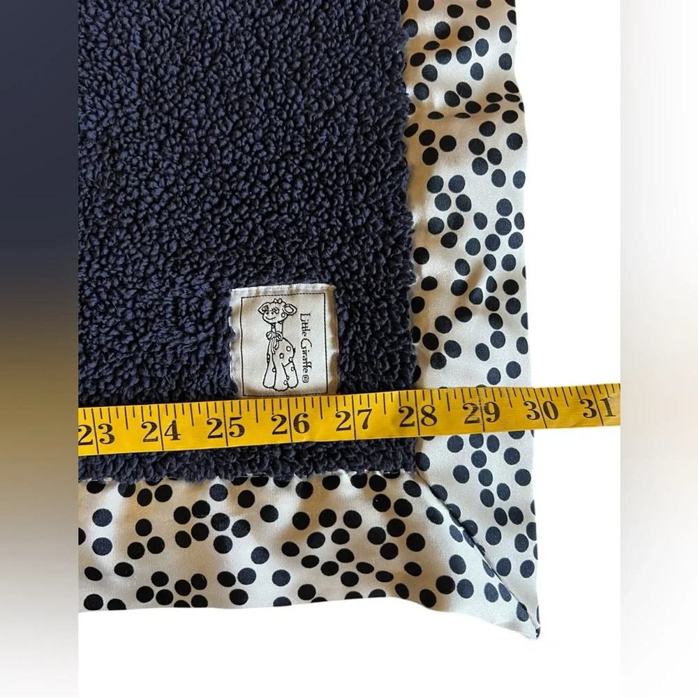 LITTLE GIRAFFE Navy Blue Chenille w Satin Polka Dot Trim Luxe Blanket 35x30” USA